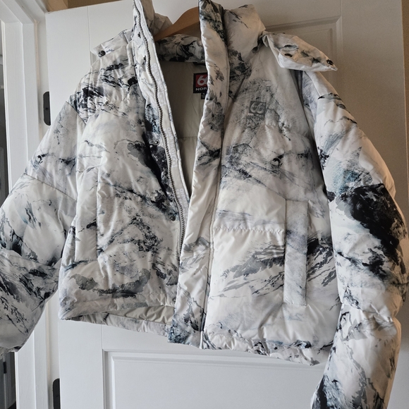 66 North Dyngja Mountain-print Hooded Down Ski Jacket size XL - Picture 2 of 6